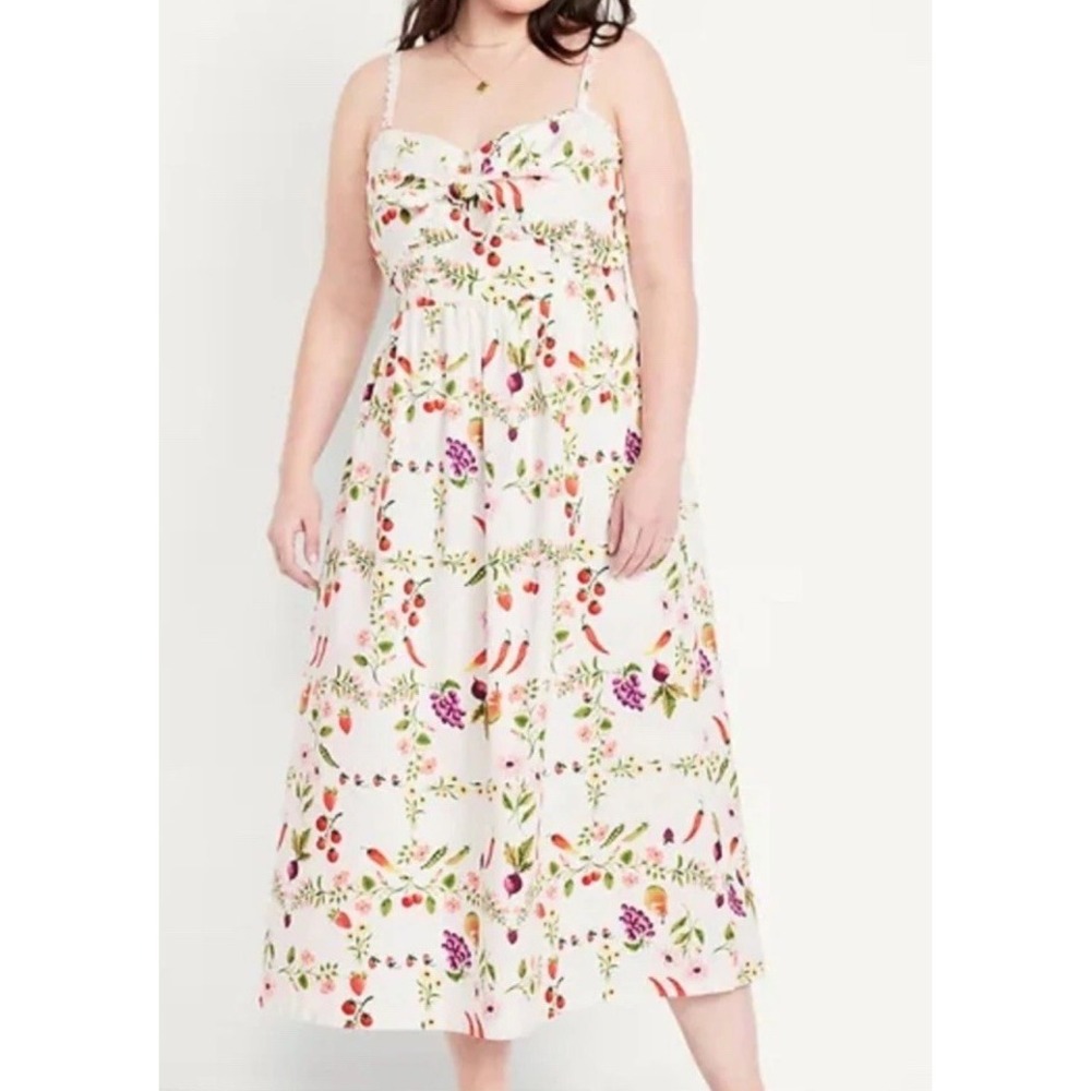 Old Navy Tie Front White Fruit Dress L Coquette Cottage Boho Picnic Garden Beach